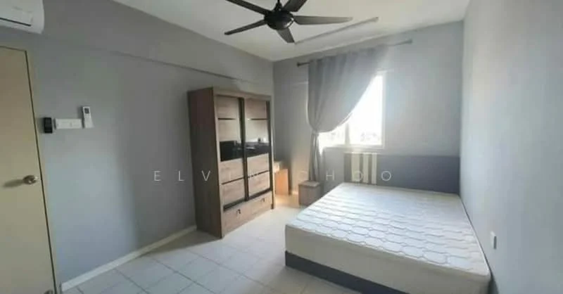 Bedroom features: light grey painted walls, white ceiling, 5-blade ceiling fan, window with sheer curtains, single bed frame without mattress, built-in wardrobe with wooden finish, tile flooring, air conditioning unit on wall; style: modern.