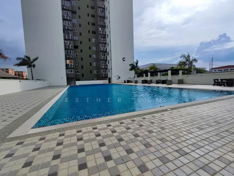 Exterior type: high-rise condominium; features: infinity pool, pool deck with loungers, tiled pool area, landscaped surroundings, palm trees, surrounding high-rise buildings, manicured lawn, paved walkway; style: modern.