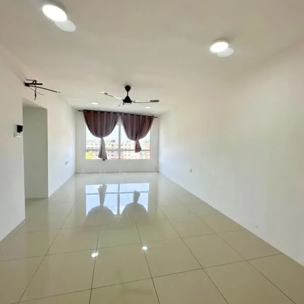 Living features: white painted walls, glossy tile flooring, 5-blade ceiling fan with light, floor-to-ceiling windows, sheer curtains, natural light, reflected light on floor; style: modern; view: city.