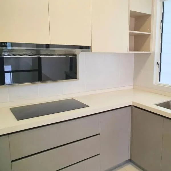Kitchen features: light beige cabinetry, white countertop, built-in oven, ceramic cooktop, single-bowl stainless-steel sink, window with white frame, open shelving, tile backsplash, recessed lighting; style: modern.