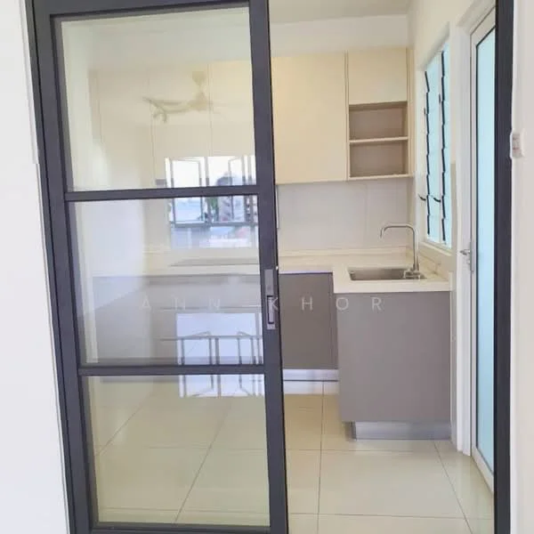 Kitchen features: single-bowl stainless-steel sink, chrome pull-down faucet, grey cabinetry, white upper cabinets, countertop with backsplash, ceramic tile flooring, floor-to-ceiling windows, sliding glass door, ceiling fan, open shelving; style: modern; view: city.