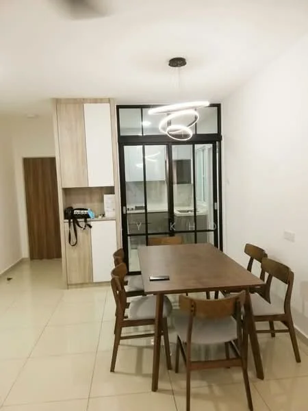 Dining features: dining table with wooden surface, 6 wooden dining chairs, white painted walls, cream tiled flooring, modern pendant light fixture, glass sliding door, built-in cabinetry with wood finish, kitchen area visible in background; style: modern.