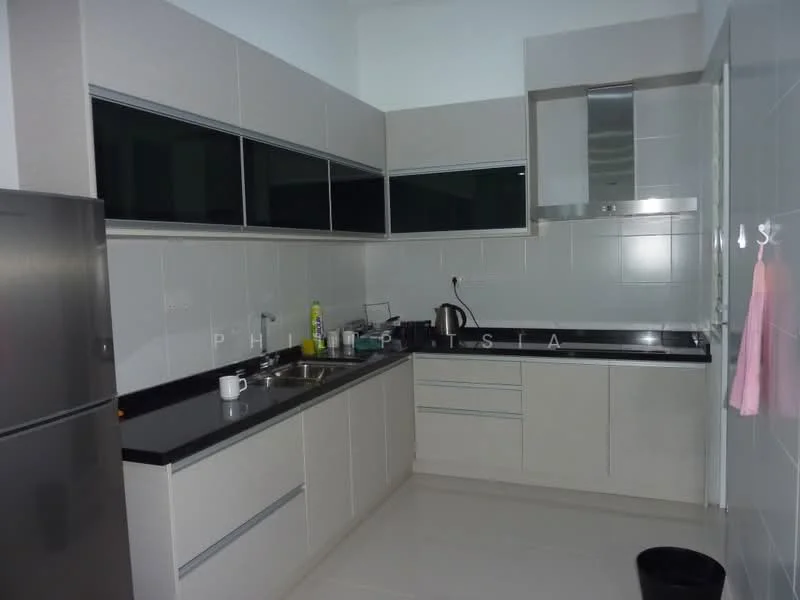 Kitchen features: grey cabinetry, black granite countertop, stainless-steel sink, chrome pull-down faucet, built-in oven, stainless-steel fridge, ceramic tile flooring, white tiled walls, kitchen island, wall-mounted range hood, window above sink, open shelving; style: modern.