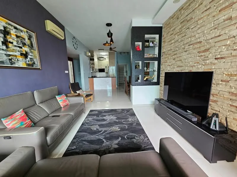 Living features: grey leather 3-seater sofa, grey leather 2-seater sofa, colorful throw pillows, black area rug with floral pattern, wall-mounted flat-screen TV, black TV console, stone accent wall, painted feature wall in dark blue, ceiling fan with light, recessed downlights, decorative wall shelf, framed artwork; style: modern. Kitchen features: open-plan layout, kitchen island, stainless-steel appliances, white cabinetry, glass backsplash, refrigerator, built-in oven, microwave, 4-burner gas hob; style: modern.