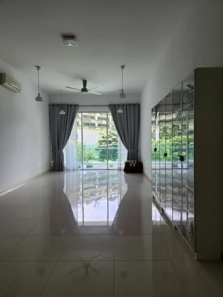 Living features: white painted walls, polished tile flooring, 5-blade ceiling fan with light, 2 pendant lights, floor-to-ceiling sliding glass door, grey curtains, built-in cabinets with glass doors, view of garden; style: modern; view: garden.