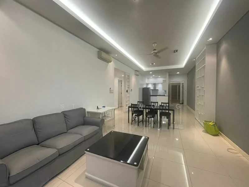Living features: grey fabric sofa, coffee table with black glass top, dining table with black chairs, recessed LED downlights, ceiling fan, white painted walls, glossy white tile flooring, open layout, air conditioning unit; style: modern.