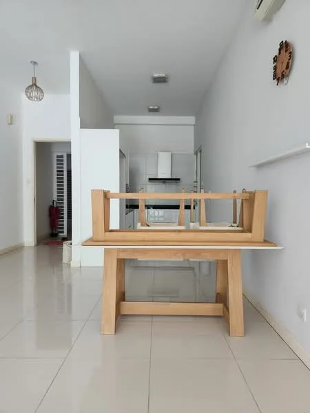 Room features: white painted walls, glossy tile flooring, wooden dining table, pendant light fixture, kitchen cabinetry visible in background, open layout, air conditioning unit on ceiling, doorway leading to another room; style: modern.