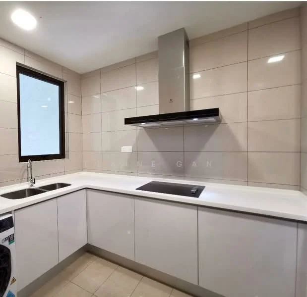 Kitchen features: white glossy cabinetry, stainless-steel sink, chrome pull-down faucet, white quartz countertop, built-in induction hob, stainless-steel range hood, white tiled backsplash, light beige floor tiles, window for natural light, washing machine, under-cabinet lighting; style: modern.