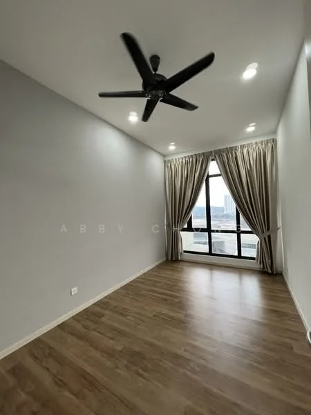 Bedroom features: light grey painted walls, laminate wood flooring, 5-blade ceiling fan, floor-to-ceiling window, sheer curtains, city view; style: modern; view: city.