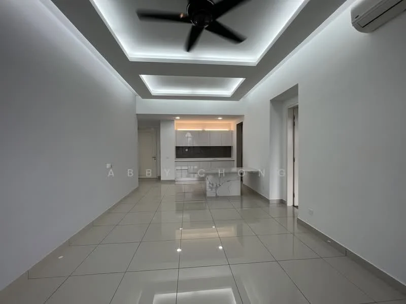 Living features: white painted walls, polished ceramic tile flooring, tray ceiling with recessed lighting, 5-blade ceiling fan, floor-to-ceiling windows, open-plan layout to kitchen, air conditioning unit, neutral color scheme; style: modern. Kitchen features: kitchen island, white cabinetry, stainless-steel appliances, open layout to living area; style: modern.