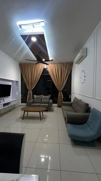 Living features: white painted walls, glossy tile flooring, 5-blade ceiling fan with light, sofa in grey fabric, 2-seater grey sofa, blue accent chair, wooden coffee table, floor-to-ceiling windows, sheer curtains, wall-mounted TV unit, recessed lighting, decorative wall clock; style: modern; view: city.