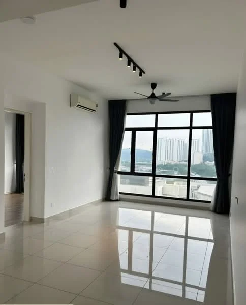 Living features: white painted walls, glossy ceramic tile flooring, 5-blade ceiling fan with light, floor-to-ceiling windows, blackout curtains, air conditioning unit, recessed LED downlights, city view; style: modern; view: city.