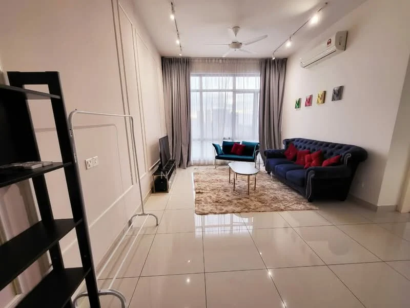 Living features: 3-seater fabric sofa in navy blue, red accent cushions, white coffee table, TV console, wall-mounted TV, area rug with neutral tones, floor-to-ceiling windows, sheer curtains, recessed downlights, ceiling fan, cream painted walls, glossy tile flooring; style: modern.