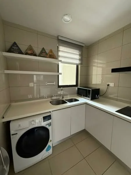 Kitchen features: white cabinetry, double-bowl stainless-steel sink, chrome pull-down faucet, built-in microwave, freestanding washing machine, black countertop, tile backsplash, window with roller blinds, light fixture in ceiling, ceramic tile flooring; style: modern.