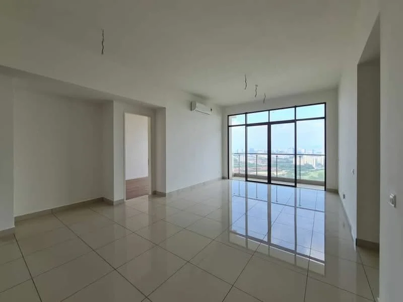 Living features: white painted walls, glossy ceramic tile flooring, floor-to-ceiling windows, city view, 1 wall-mounted split AC, recessed downlights, neutral color scheme, open layout; style: modern; view: city.