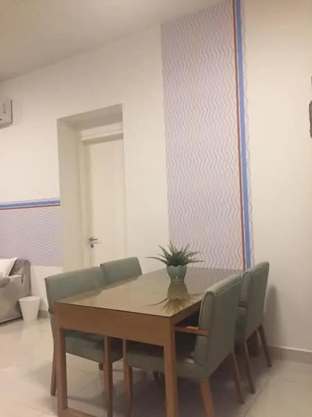 Dining features: rectangular wooden dining table, 4 upholstered dining chairs in green, white painted walls, decorative wall with blue and orange patterns, tile flooring, 1 wall-mounted split AC; style: modern.