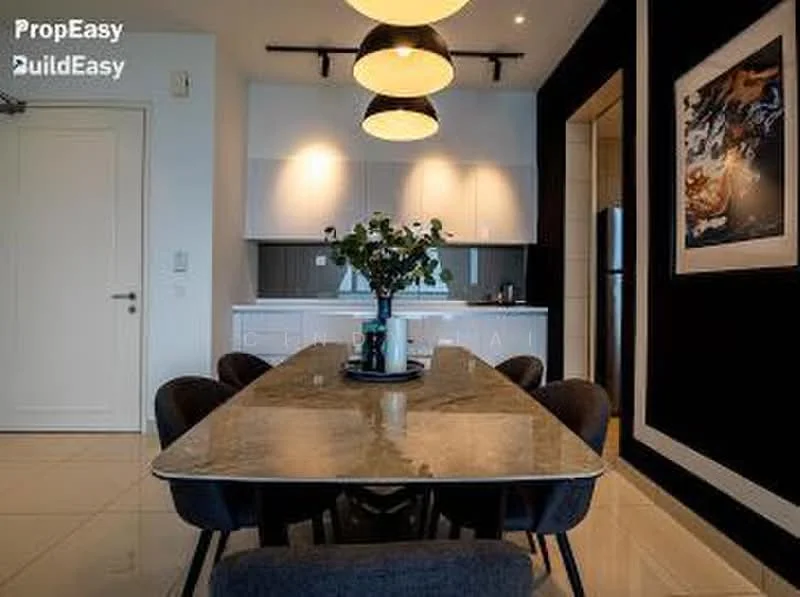 Dining features: marble dining table, upholstered dining chairs, pendant lighting fixtures, white cabinetry, stainless-steel fridge, decorative wall art, dark accent wall, floor-to-ceiling windows; style: modern.