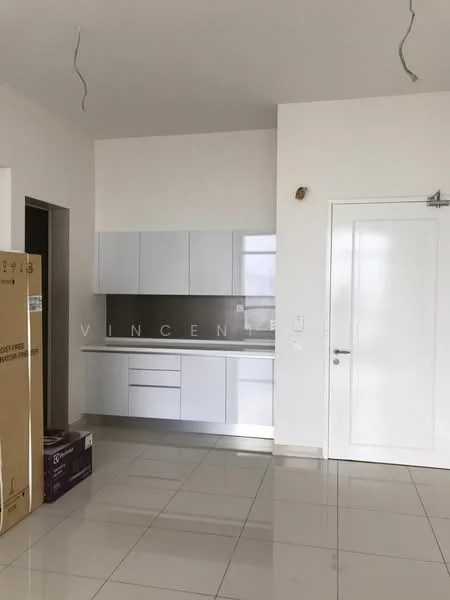 Kitchen features: white cabinetry, grey backsplash, stainless-steel countertop, built-in oven, stainless-steel sink, single-bowl sink, chrome faucet, ceramic tile flooring, recessed lighting, wall-mounted cabinets, open shelving, white walls, door to hallway; style: modern.