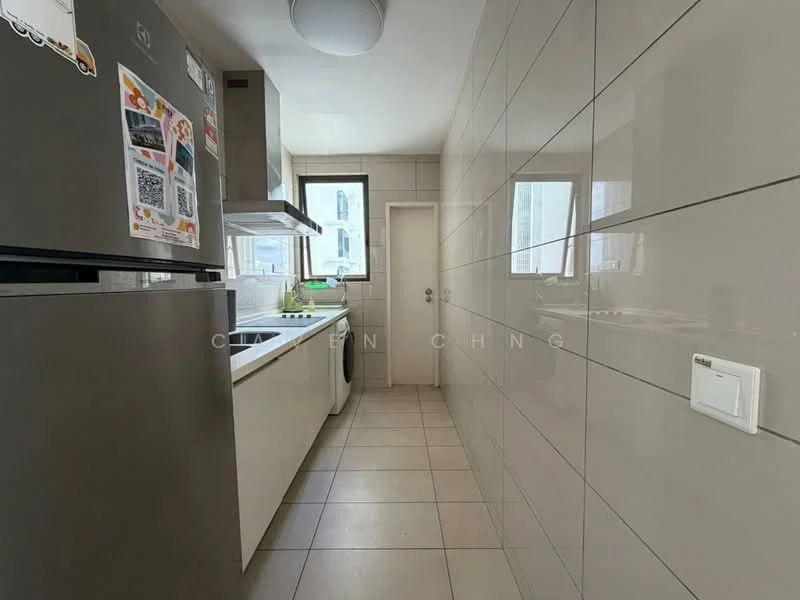 Kitchen features: stainless-steel fridge, white cabinetry, white countertop, ceramic tile flooring, grey tiled walls, single-bowl stainless-steel sink, chrome pull-down faucet, built-in oven, window with city view, light fixture on ceiling, wall-mounted electrical outlet; style: modern; view: city.