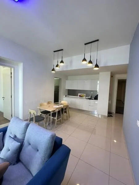 Living features: grey fabric sofa, blue fabric sofa, dining table with 4 chairs, pendant lighting with multiple bulbs, white cabinetry, grey backsplash, stainless-steel appliances, ceramic tile flooring, open-plan layout, wall-mounted kitchen cabinets, recessed ceiling lights; style: modern.