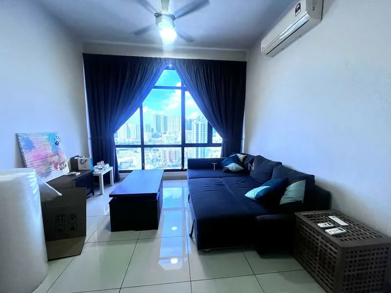 Living features: 3-seater fabric sofa in black, coffee table, floor-to-ceiling windows, city view, white painted walls, recessed downlights, ceiling fan, tile flooring, curtains, decorative cushions; style: modern; view: city.