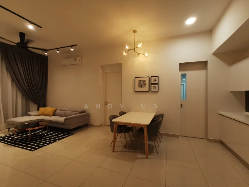 Living features: 3-seater fabric sofa in grey, coffee table, area rug with geometric pattern, 5-blade ceiling fan with light, wall-mounted air conditioning unit, curtains in dark grey, recessed downlights, decorative wall art, dining table for 4 with upholstered chairs, white walls, tile flooring; style: modern.