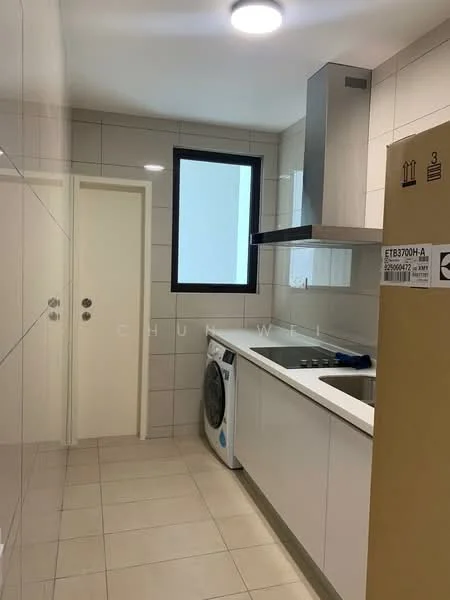 Kitchen features: white shaker cabinets, stainless-steel sink, chrome pull-down faucet, built-in oven, freestanding washing machine, white tiled walls, light-colored tile flooring, recessed downlights, window with natural light, countertop space; style: modern.