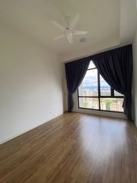 Bedroom features: wooden flooring, white painted walls, 5-blade ceiling fan, floor-to-ceiling windows, dark curtains, city view; style: modern; view: city.