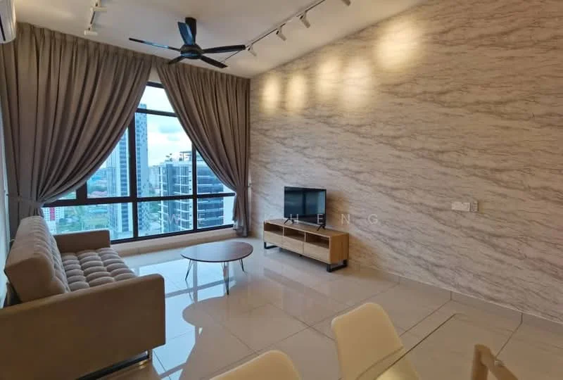 Living features: 3-seater fabric sofa in beige, round coffee table, wall-mounted TV, TV console with wooden finish, floor-to-ceiling windows, grey marble accent wall, white walls, recessed downlights, ceiling fan with light, tile flooring; style: modern; view: city.