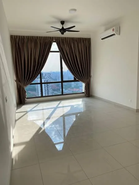 Living features: large floor-to-ceiling windows, brown curtains, 5-blade ceiling fan, white painted walls, glossy tile flooring, air conditioning unit, city view, natural light; style: modern; view: city.