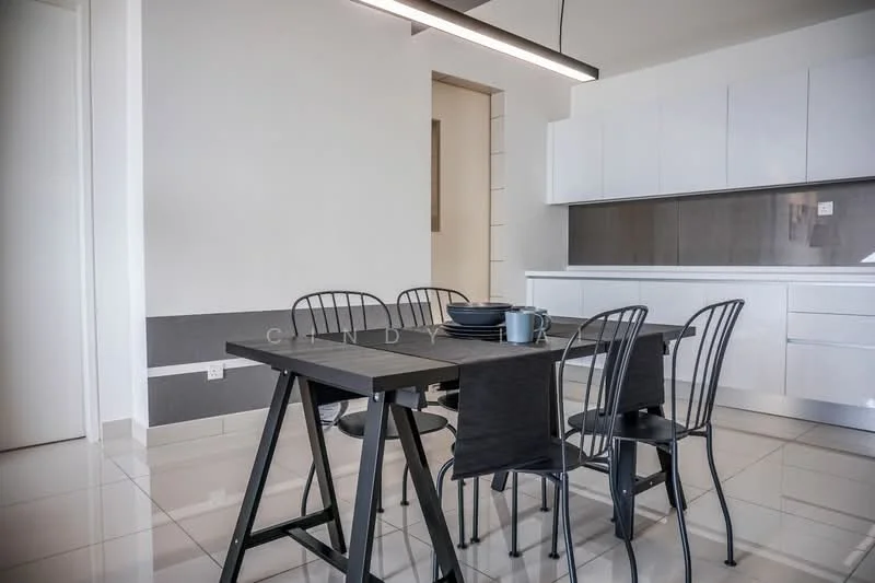 Dining features: rectangular dining table, black metal dining chairs, white cabinetry, grey backsplash, glossy tile flooring, recessed lighting, pendant light fixture, neutral wall color; style: modern. Kitchen features: white cabinets, grey countertop, built-in oven, stainless-steel sink, chrome faucet; style: modern.