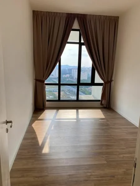 Room features: large floor-to-ceiling window, brown curtains, light wood laminate flooring, white painted walls, natural light from window, city view visible through window; style: modern; view: city.