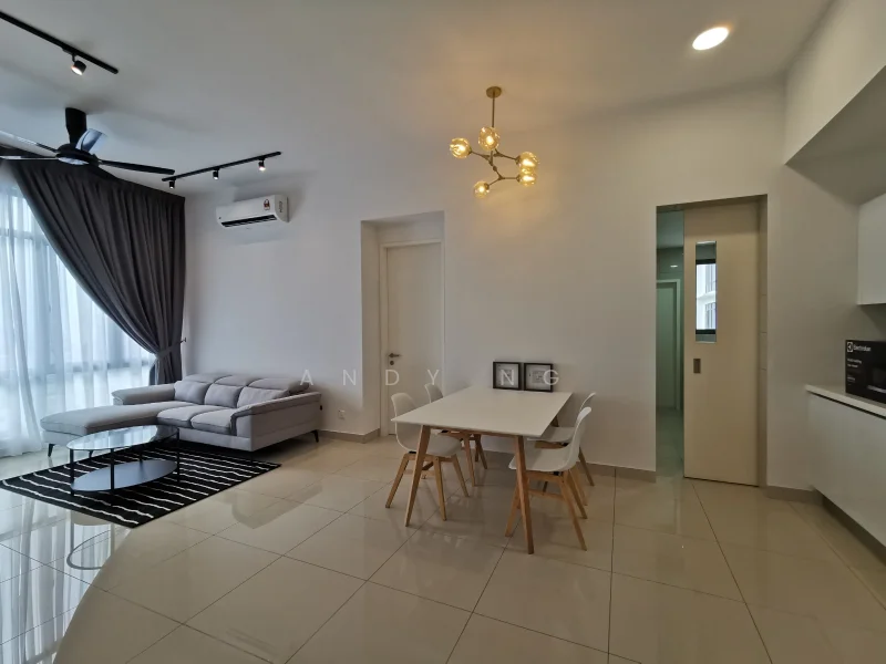 Living features: 3-seater fabric sofa in light grey, round coffee table with black top, black and white area rug with geometric pattern, floor-to-ceiling windows with sheer curtains, 5-blade ceiling fan with light, recessed LED downlights, wall-mounted split AC, white painted walls, glossy tile flooring, decorative light fixture, dining table with 4 white chairs; style: modern.