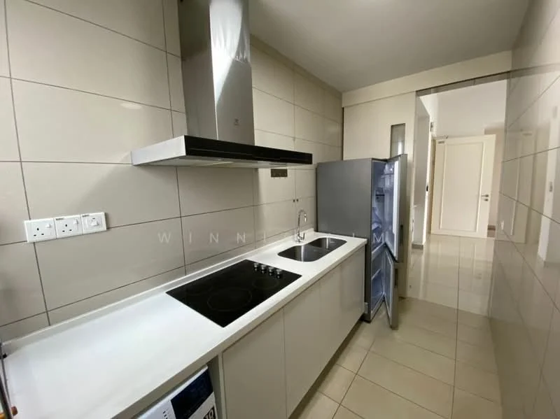 Kitchen features: white cabinetry, stainless-steel sink, chrome pull-down faucet, built-in oven, 4-burner induction hob, stainless-steel range hood, stainless-steel fridge, white countertop, ceramic tile flooring, wall-mounted cabinets, backsplash with tile cladding, recessed downlights; style: modern.