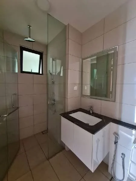 Bathroom features: walk-in shower with glass enclosure, rain shower head, single-sink vanity with white cabinet, black granite countertop, framed mirror, toilet with bidet spray, tile flooring, neutral wall tiles, window for natural light; style: modern.