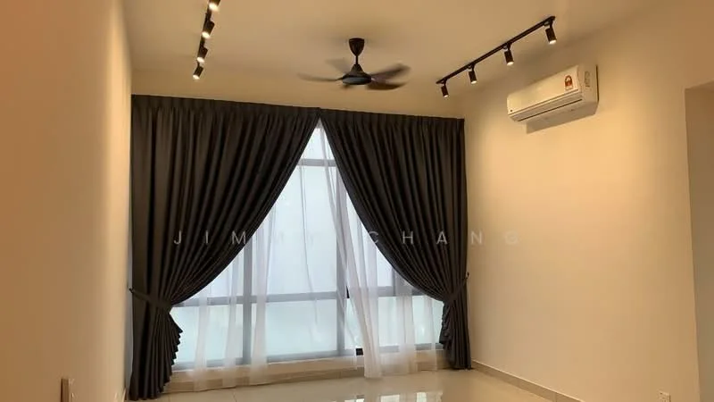 Room features: white painted walls, polished floor tiles, 5-blade ceiling fan, floor-to-ceiling windows, sheer curtains, blackout curtains, wall-mounted split AC; style: modern.