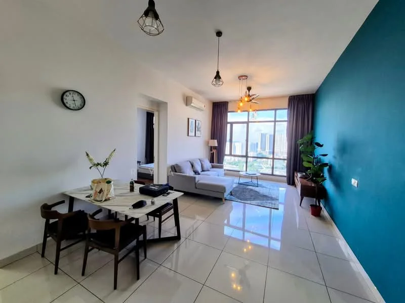 Living features: grey fabric sofa, coffee table, area rug, floor-to-ceiling windows, city view, ceiling fan with light, wall-mounted clock, decorative plant, light fixtures, white painted walls, blue accent wall, tile flooring; style: modern; view: city. Dining features: dining table for four, wooden chairs, decorative vase, notebook on table; style: modern; view: city.