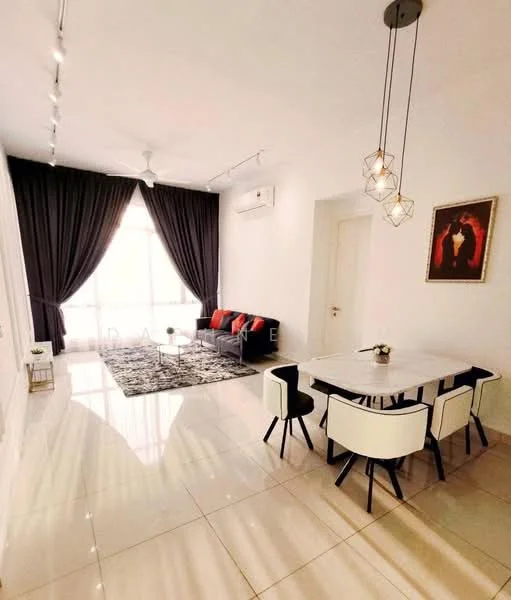 Living features: white painted walls, glossy tile flooring, 5-blade ceiling fan with light, floor-to-ceiling windows, sheer curtains, blackout curtains, 3-seater fabric sofa in black, red accent cushions, area rug with geometric pattern, dining table with 4 chairs, decorative wall art, recessed downlights; style: modern.