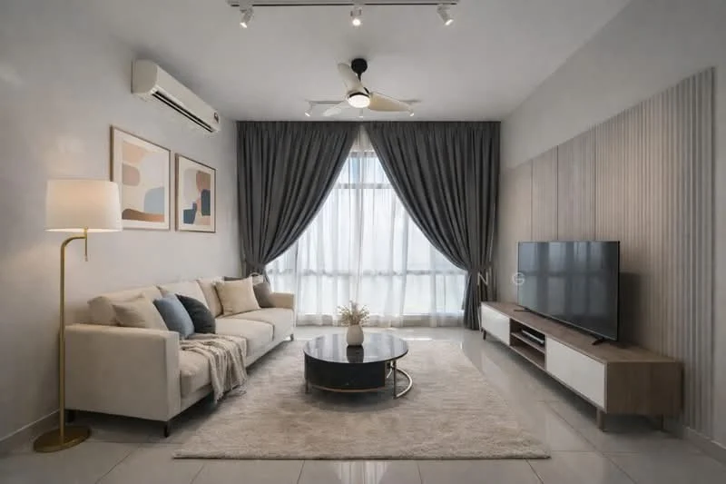 Living features: 3-seater fabric sofa in cream, decorative throw blanket, round coffee table with black top and gold base, TV console with wooden finish, wall-mounted flat-screen TV, floor lamp with gold base, 5-blade ceiling fan with light, curtains in grey fabric, recessed LED downlights, glossy tile flooring in light color, decorative wall panels, framed artwork on walls; style: modern.