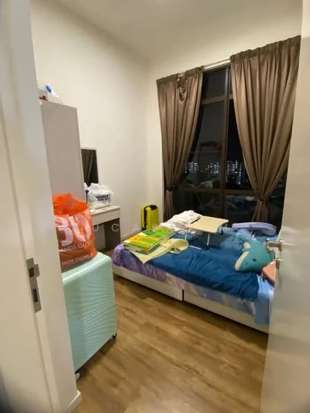 Bedroom features: queen-size bed with blue bedding, wooden flooring, floor-to-ceiling window, brown curtains, white painted walls, built-in wardrobe, dressing table, TV console, decorative items on the floor; view: city.