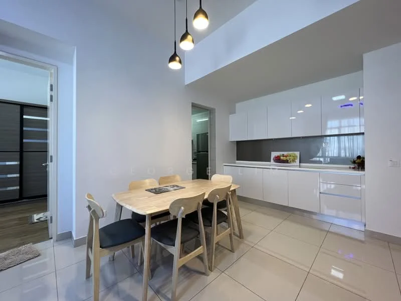 Dining features: rectangular wooden dining table, 6 wooden dining chairs with black cushions, white glossy cabinetry, grey backsplash, stainless-steel appliances, recessed downlights, pendant lights above dining table, large windows with natural light, cream tiled flooring; style: modern. Kitchen features: white cabinetry, grey countertop, built-in oven, stainless-steel sink, chrome pull-down faucet, microwave, ceramic tile flooring; style: modern.