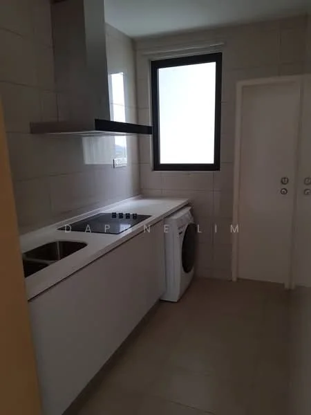 Laundry features: white cabinetry, white countertop, single-bowl stainless-steel sink, chrome pull-down faucet, built-in washing machine, 4-burner gas hob, exhaust hood, tile backsplash, light-colored tile flooring, window for natural light, door leading to another room; style: modern.