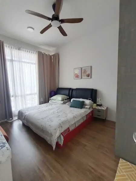 Bedroom features: king-size bed with upholstered headboard, bedside table, framed artwork on wall, floor-to-ceiling windows, sheer curtains, wooden flooring, ceiling fan with light, decorative pillows; style: modern; view: city.