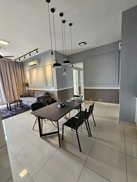 Dining features: black dining table, 4 black dining chairs, pendant lighting with glass shades, white walls with grey accent wall, recessed ceiling lights, wall-mounted split AC, large window with sheer curtains, polished ceramic tile flooring, area rug with geometric pattern, decorative wall paneling; style: modern. Living features: grey fabric sofa, coffee table, large window with sheer curtains, wall-mounted TV, decorative wall paneling; style: modern.