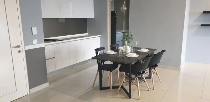 Dining features: black dining table with wooden legs, 4 black dining chairs, white plates on the table, glass vase with greenery, pendant light above the table, grey painted walls, cream tiled flooring, built-in white cabinetry in the background, stainless-steel appliances visible in kitchen area, open layout connecting dining and kitchen; style: modern. Kitchen features: white cabinetry, grey backsplash, stainless-steel refrigerator, built-in oven, cooktop, countertop with clean lines; style: modern.