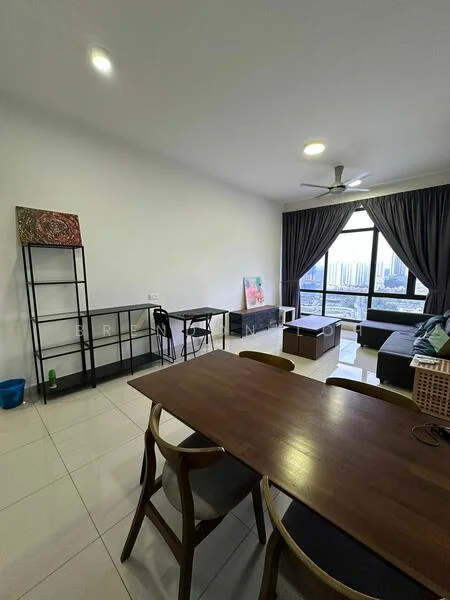 Living features: grey fabric sofa, wooden dining table, 4 wooden dining chairs, black metal shelving unit, floor-to-ceiling windows, curtains in dark grey, light-colored tiled flooring, ceiling fan with light, decorative artwork on wall, coffee table, city skyline view; style: modern; view: city.