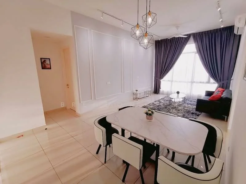 Living features: grey fabric sofa, black coffee table, area rug with geometric pattern, floor-to-ceiling windows, sheer curtains, 5-blade ceiling fan with light, wall-mounted TV, decorative wall paneling, recessed lighting; style: modern; view: city. Dining features: 6-seater dining table with marble top, upholstered dining chairs, decorative centerpiece, pendant lighting above table; style: modern.