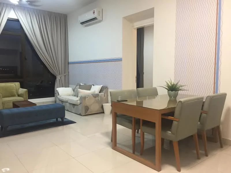 Living features: cream painted walls, grey accent wall, white ceiling, 5-blade ceiling fan, floor-to-ceiling windows, light-coloured sofa, decorative cushions, blue ottoman, dining table with 6 chairs, indoor plant, tile flooring, curtains, air conditioning unit; style: modern; view: city.