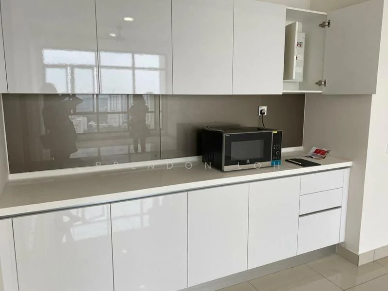 Kitchen features: white cabinetry, flat-panel cabinets, light-colored countertop, microwave, glass backsplash, built-in storage, stainless-steel sink, modern faucet, tile flooring, recessed lighting, floor-to-ceiling windows, city view; style: modern; view: city.