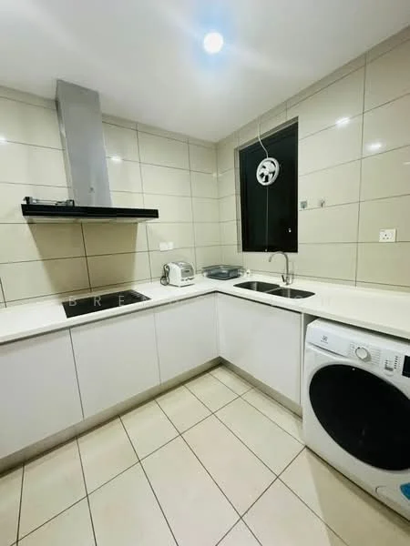 Kitchen features: white cabinetry, black countertop, stainless-steel range hood, double-bowl stainless-steel sink, chrome pull-down faucet, built-in oven, microwave, washing machine, tile backsplash, light-colored tile flooring, recessed downlights, window with black frame; style: modern.